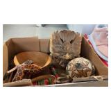 AFRICAN WOOD CARVED BOWL, MASKS, HAND WOVEN
