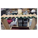 LARGE WOOD RIFLE OR FISHING RACK AND BOX OF FILE