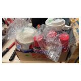 BX W/ WATER JUG, NEW SOLO CUPS, PAPER BOWLS