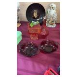 AMBERINA GLASS DISH, 2 SM RUBY GLASS DISHES &