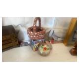 2 VINTAGE TOPS, SOCK MONKEY & SOCK MONKEY BASKET