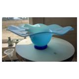 BLOWN ART GLASS BLUE CENTERPIECE BOWL