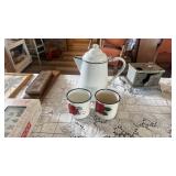 ENAMEL COFFEE POT & MUGS