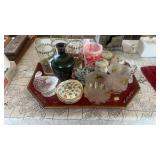 METAL TRAY W/ GLASS WARE, CANDLE STICK, COVERED
