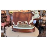 BISQUE HEREFORD BULL FIGURINE, SIGNED  W/ STAND