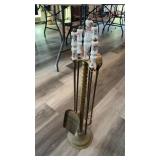 BRASS FIRE PLACE SET W/ HAND PAINTED HANDLES