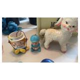 VINTAGE LAMB TOY, SQUEAKER TOY & HANGING BASKET