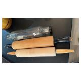 2 WOOD ROLLING PINS & A GLASS ROLLING PIN