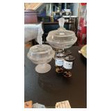 2 COVERED DISHES & SET OF 4 TINY GLASSES