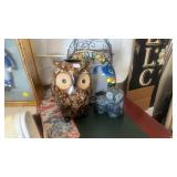 GROUP OF OWLS, STAINED GLASS HANGING & CAGE