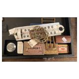 GROUP W/ BUCKLES, VINTAGE THERMOMETER, MATCH BOX
