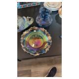 CARNIVAL GLASS DISH, HAND BLOWN ART GLASS SWAN,