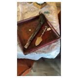 WOODEN TRAY, FANCY SERVER & PEACOCK FEATHERS