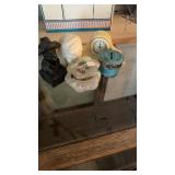CLOCK, FIGURINES, HAND PAINTED TRINKET JAR &