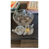 CUT GLASS CREAMER, SUGAR & LEADED GLASS BOWL