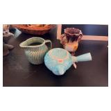 VINTAGE TEA POT, SMALL CREAM PITCHER-GREEN & VASE