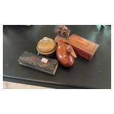 RUBBER INK STAMP, BELL, CAST IRON PAPER WEIGHT,