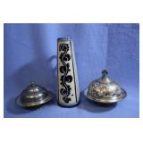 Lot of Blue Pottery & Silver Plate Servers