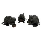 3 BRONZE RATS IN DARK PATINA, SGND W/ CARTOUCHE