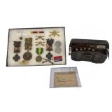 SPANISH AMER WAR CARTRIDGE BOX, DOG TAGS, INSIGNIA