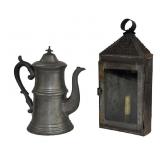 AMERICAN 19THC. PEWTER COFFEE POT & TIN & GLASS