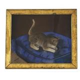 PASTEL ON PAPER  OF A KITTEN ON BLUE PILLOW