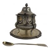 ODIOT PARIS, SILVER HINGED LID POT & SPOON W/