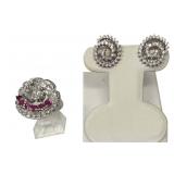 14KT WHITE GOLD, DIAMOND & RUBY RING & PR OF
