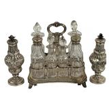 ENGLISH CRUET STAND & SALT & PEPPER POTS, MATCHING