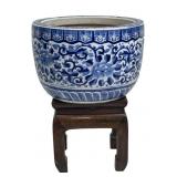 CHINESE BLUE & WHITE JARDINIERE,18' X 12' W/ STAND