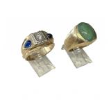 2 - 14KT GOLD MENS RINGS, 1 W/ DIAMOND & 1 JADE