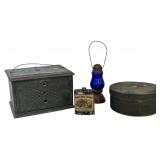 BLUE SKATERS LAMP,  PANTRY BOX W/ GUN POWDER TIN