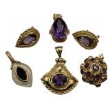 4 - 14KT GOLD & AMETHYST CHARMS & 1 PR OF 14 KT