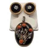 18KT GOLD, DIAMOND & CORAL PENDANT & PR OF 14KT
