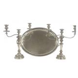 OLD SHEFFIELD 18THC. ARMORIAL TRAY & THREE LIGHT