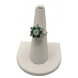 EMERALD & DIAMOND FLOWER RING IN 14KT WHITE GOLD