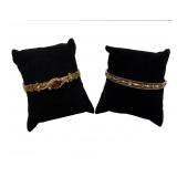 2 BANGLE BRACELETS, 1- 14KT W/ STONE & PEARLS &