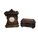2 PCS. OF TRAMP ART,  CLOCK & BOX WITH PIN CUSHION