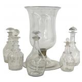 5- 19THC. DECANTERS & BLOWN HURRICANE SHADE