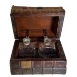 LEATHER BOOK STACK / DECANTER BOX W/ 2 DECANTERS