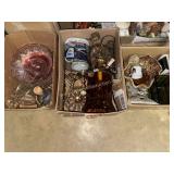 3 boxes glass, pottery and brass