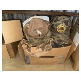 Box of vintage caps, trucker hats, ducks