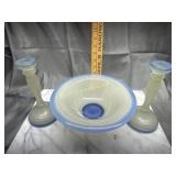 Blue trimmed bowl and candle stands set