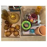 2 boxes amber glass and vases