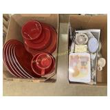 2 boxes red dishes and collectibles