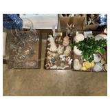3 boxes glass, pottery and rabbits