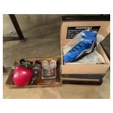 Box of misc and 3 pair of NO FEAR shoes