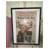 Framed Roy rogers newspaper