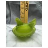 Small green satin hen on nest