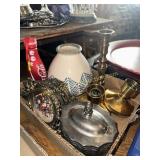 Candle holders, silver plate box, vase, wall